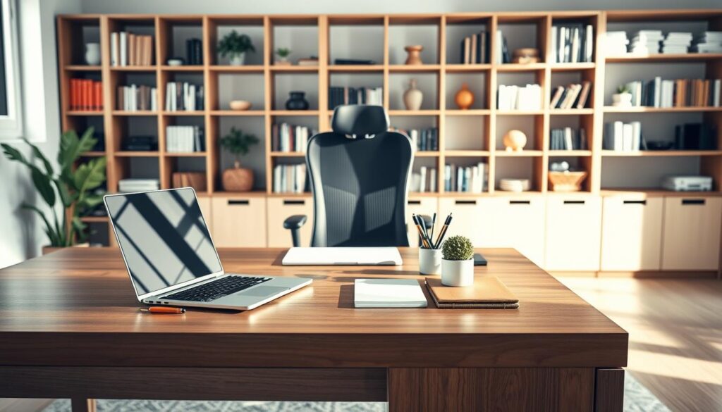 A modern home office setup designed for productivity, featuring a sleek, organized workspace. In the foreground, a polished wooden desk holds a stylish laptop, neatly arranged stationery, and a small potted plant for a touch of greenery. The middle ground showcases a comfortable ergonomic chair, with a backdrop of a well-organized bookshelf filled with books and decorative items. The background includes a large window allowing soft, natural light to illuminate the space, creating a warm and inviting atmosphere. The scene embodies a sense of order and focus, captured in a photorealistic style as if shot with a DSLR camera, highlighting textures and details. The overall mood conveys professionalism and concentration, perfect for a productive working environment.