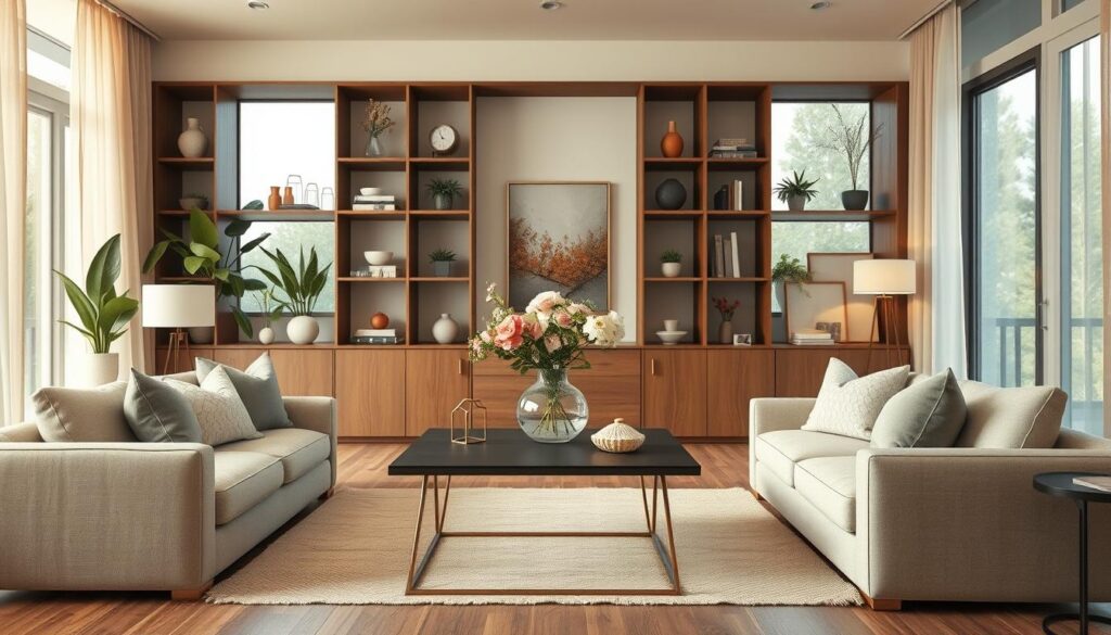 A modern living room designed with harmonious aesthetics, showcasing a blend of natural materials and soft colors. In the foreground, a plush, neutral-colored sofa adorned with coordination cushions sits invitingly. In the middle, a chic coffee table holds a decorative vase filled with fresh flowers, framed by elegant bookshelves lined with plants and decor pieces that reflect minimalist elegance. The background features large windows, draped with sheer curtains, allowing warm, natural light to flood the space, creating an airy atmosphere. The scene is captured with a DSLR camera, focusing on a cozy yet stylish ambiance, emphasizing clean lines and subtle textures. Ideal for illustrating contemporary interior design ideas, conveying comfort and sophistication. A modern living room designed with harmonious aesthetics, showcasing a blend of natural materials and soft colors. In the foreground, a plush, neutral-colored sofa adorned with coordination cushions sits invitingly. In the middle, a chic coffee table holds a decorative vase filled with fresh flowers, framed by elegant bookshelves lined with plants and decor pieces that reflect minimalist elegance. The background features large windows, draped with sheer curtains, allowing warm, natural light to flood the space, creating an airy atmosphere. The scene is captured with a DSLR camera, focusing on a cozy yet stylish ambiance, emphasizing clean lines and subtle textures. Ideal for illustrating contemporary interior design ideas, conveying comfort and sophistication.