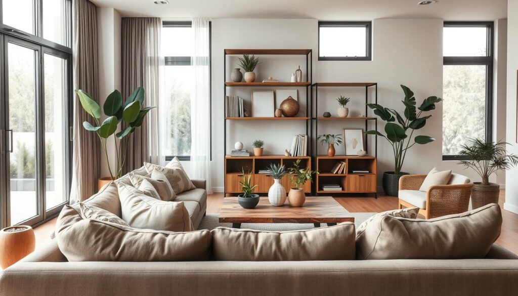 A modern living room interior showcasing the latest 2024-2025 design trends. In the foreground, a stylish, plush sofa in muted earth tones is accented with geometric throw pillows. The middle layer features a sleek coffee table made of reclaimed wood, surrounded by elegant houseplants. A contemporary bookshelf filled with decor items and books adds depth. In the background, floor-to-ceiling windows flood the space with natural light, highlighting soft textures and natural materials like linen and jute. The atmosphere is warm and inviting, with a minimalist aesthetic and a focus on sustainability. Captured from a dynamic angle with a DSLR camera, the image exudes a sense of tranquility and modern sophistication, perfect for a design magazine.