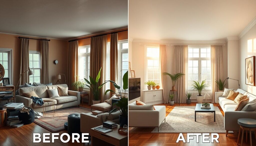 A photorealistic side-by-side comparison image showcasing "before and after" living room transformations. On the left, a dated living room with muted colors, old furniture, and clutter, featuring a traditional sofa and heavy curtains. On the right, a modern and inviting living room, bright and airy with a fresh color palette, minimalist furniture, and stylish decor. Illuminate both spaces with warm natural light pouring in through large windows. Include elements like potted plants, decorative pillows, and wall art to highlight the transformation. Capture the scene with a DSLR camera lens, focusing on details and textures, creating a sense of warmth and inspiration. The overall atmosphere is uplifting and motivational, emphasizing the impact of small changes in home design.