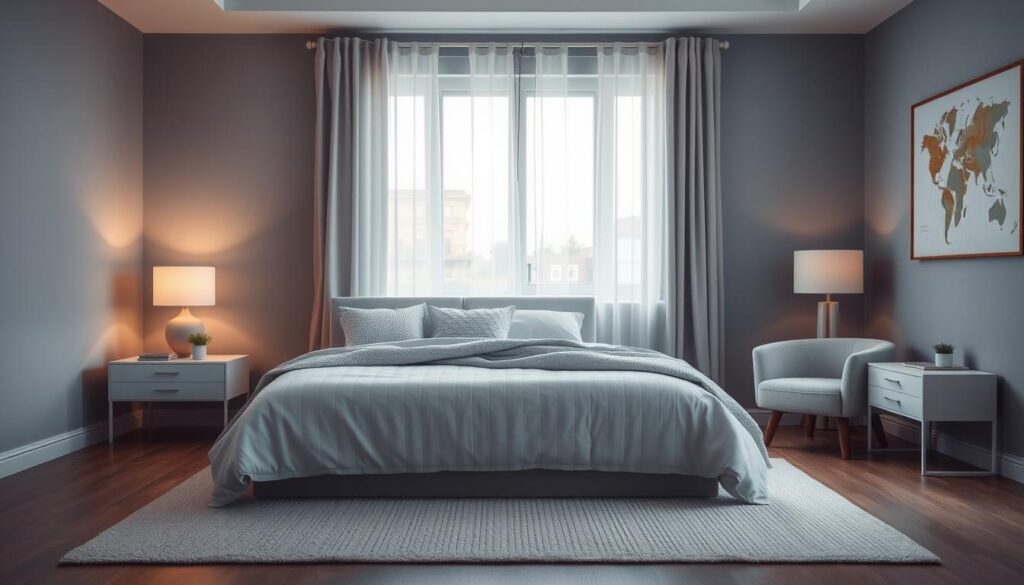 A serene and inviting bedroom designed for tranquility, featuring a harmonious color palette of soft blues and warm neutrals. In the foreground, plush bedding with textured pillows is arranged neatly on a low-profile bed, complemented by a delicate throw blanket. To the sides, minimalist nightstands hold simple, elegant table lamps, casting a gentle glow. In the middle, a softly textured rug anchors the space, while a stylish armchair invites relaxation. The background showcases a window with sheer curtains, allowing natural light to filter in, illuminating the room with a warm, calming ambiance. The overall atmosphere conveys a sense of peace and comfort, evoking the dreaminess of restful nights. Captured from a slightly elevated angle, emphasizing depth and inviting perspective, simulating a soft-focus effect typical of a DSLR magazine shoot.