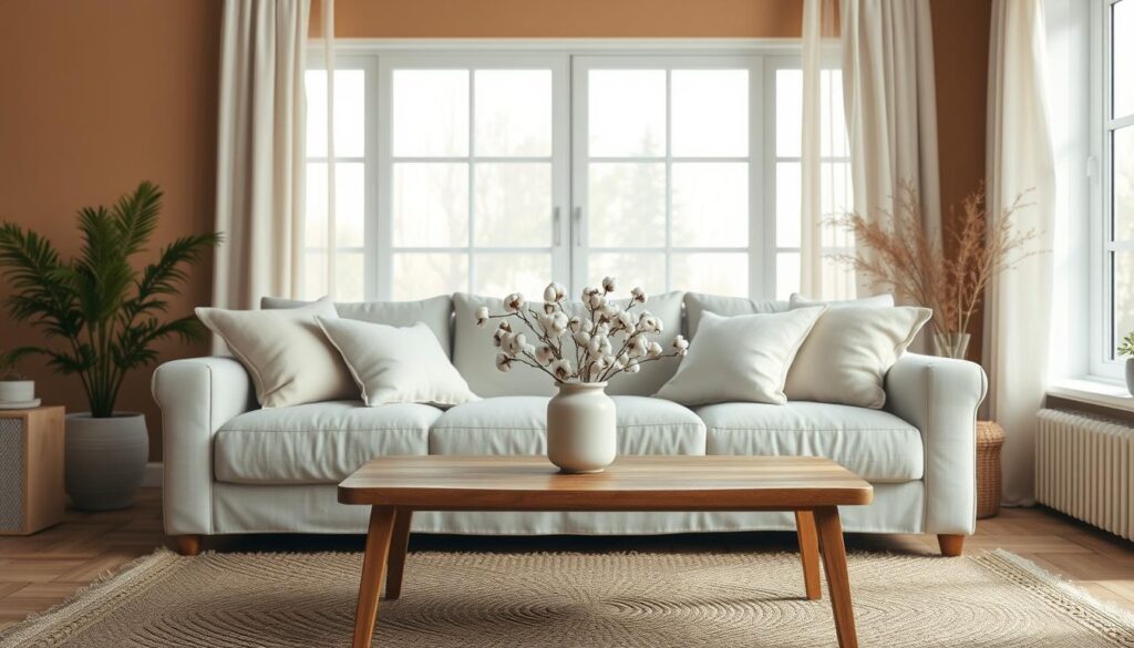 A serene and inviting interior space featuring natural fibers as key design elements, focusing on linen and cotton textiles. In the foreground, a plush, light-colored linen sofa adorned with decorative cotton cushions in soft pastel hues. In the middle, a wooden coffee table displaying a minimalist arrangement of delicate cotton flowers in a ceramic vase. The background showcases large windows letting in soft, warm natural light, with sheer linen curtains gently billowing. The walls are painted in calming earth tones, and the floor features a stylish woven rug. This photorealistic image, captured with a DSLR camera, conveys a tranquil and relaxing atmosphere, perfect for illustrating the beauty of natural textiles in interior design.