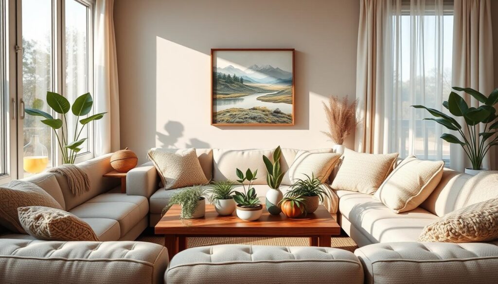 A serene, cozy living space designed to evoke calming and warm emotions. In the foreground, a comfortable sofa adorned with soft, textured cushions, bathed in soft natural light from large windows. The middle features a beautifully arranged coffee table with an assortment of plants and a warm, inviting color palette of earthy tones. Rich wooden accents enhance the atmosphere, while tasteful artwork displays peaceful landscapes. In the background, soft curtains sway gently in a light breeze, casting delicate shadows. The setting is captured with a DSLR camera, offering a photorealistic perspective that highlights the harmonious blend of elements, creating a sense of tranquility and warmth that inspires lively yet soothing design ideas. A serene, cozy living space designed to evoke calming and warm emotions. In the foreground, a comfortable sofa adorned with soft, textured cushions, bathed in soft natural light from large windows. The middle features a beautifully arranged coffee table with an assortment of plants and a warm, inviting color palette of earthy tones. Rich wooden accents enhance the atmosphere, while tasteful artwork displays peaceful landscapes. In the background, soft curtains sway gently in a light breeze, casting delicate shadows. The setting is captured with a DSLR camera, offering a photorealistic perspective that highlights the harmonious blend of elements, creating a sense of tranquility and warmth that inspires lively yet soothing design ideas.