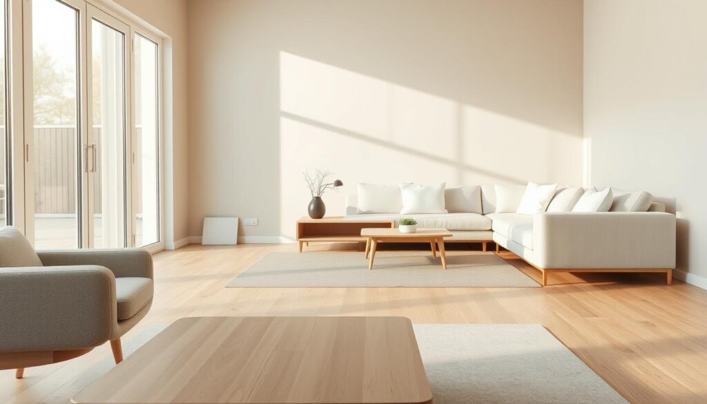 A serene interior featuring minimalist furniture ideas, showcasing clean lines and a tranquil atmosphere. In the foreground, a sleek, modern coffee table made of light wood, accompanied by a simple, ergonomic armchair upholstered in soft gray fabric. In the middle ground, a stylish sectional sofa with crisp white cushions is positioned beside a low-profile console table adorned with a small potted plant. The background reveals a bright, airy space with large windows allowing natural light to flood in, casting soft shadows across the floor. The walls are painted in a muted beige, enhancing the calming ambiance. Shot in a photorealistic style with a DSLR camera at a slight angle, this image conveys a peaceful and organized living environment that embodies minimalist design principles. A serene interior featuring minimalist furniture ideas, showcasing clean lines and a tranquil atmosphere. In the foreground, a sleek, modern coffee table made of light wood, accompanied by a simple, ergonomic armchair upholstered in soft gray fabric. In the middle ground, a stylish sectional sofa with crisp white cushions is positioned beside a low-profile console table adorned with a small potted plant. The background reveals a bright, airy space with large windows allowing natural light to flood in, casting soft shadows across the floor. The walls are painted in a muted beige, enhancing the calming ambiance. Shot in a photorealistic style with a DSLR camera at a slight angle, this image conveys a peaceful and organized living environment that embodies minimalist design principles.