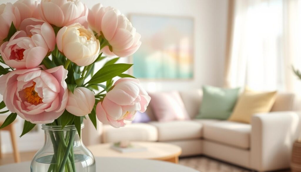A serene interior scene showcasing soft pastel colors. In the foreground, a delicate vase filled with fresh peonies in light shades of pink and cream. The middle ground features a cozy living space with a light-colored sofa adorned with pastel cushions in mint green, soft lavender, and buttery yellow. On the walls, a subtle watercolor painting that blends pastel tones. The background reveals a sunlit window with sheer curtains that diffuse the light, creating a warm, inviting atmosphere. The scene is captured with a DSLR camera, focusing on a shallow depth of field that highlights the pastel details, enhancing a calm and cheerful mood, suitable for bright and friendly room environments.