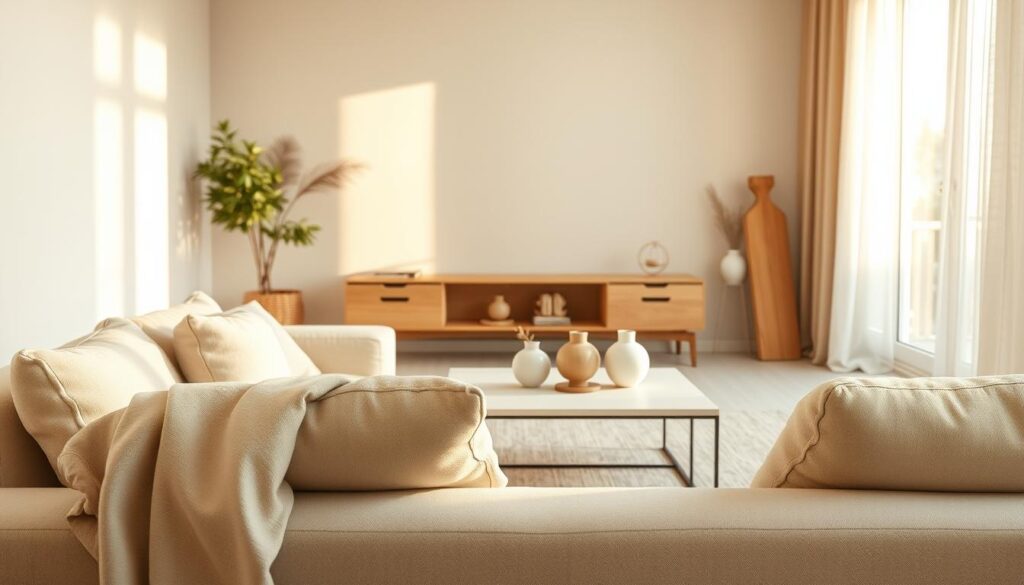 A serene interior space featuring a harmonious blend of beige and cream tones, evoking a peaceful atmosphere. In the foreground, a cozy sofa draped with soft, neutral-colored throws invites relaxation. The middle ground showcases a minimalist coffee table adorned with a small arrangement of natural greenery and elegant ceramic decor pieces. The background reveals a softly lit window filtering warm, golden sunlight, casting gentle shadows across the room. Photorealistic detail with rich textures, captured with a DSLR camera at eye-level angle, emphasizing depth of field. The overall mood is tranquil and inviting, embodying the essence of calm home decor, perfect for illustrating a calming living space.