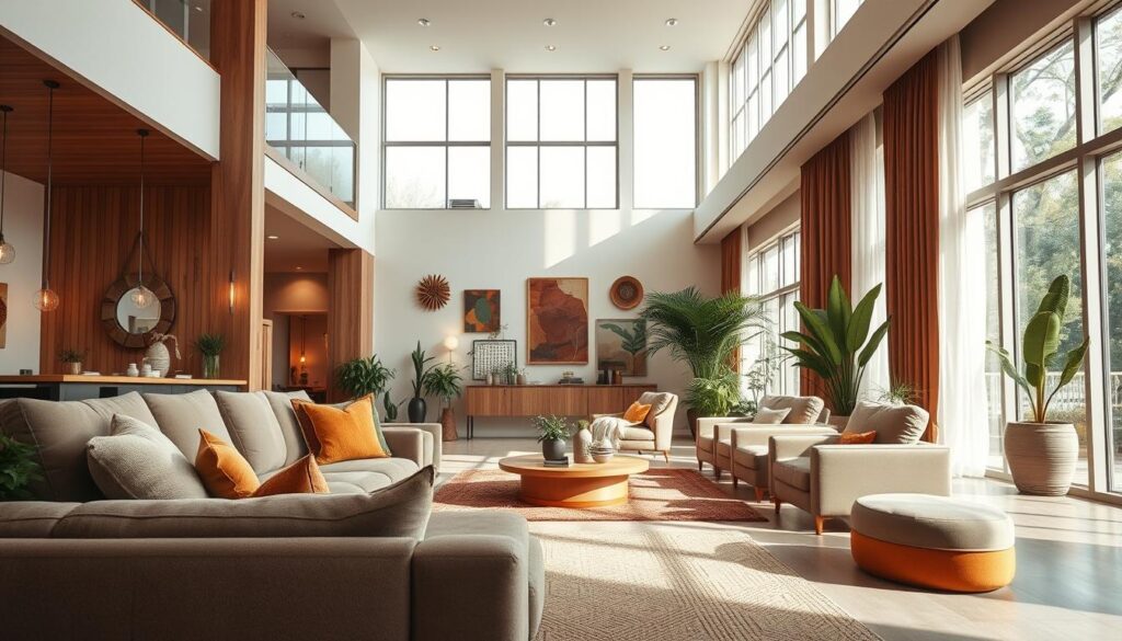 A spacious, elegantly designed interior showcasing a harmonious blend of colors and textures. In the foreground, a stylish area with plush sofas in muted earth tones, complemented by colorful throw pillows. The middle ground features a large, well-lit room with high ceilings, expansive windows allowing soft natural light to pour in, accentuating warm wooden accents and rich textile details like a textured rug and artful wall hangings. In the background, an array of indoor plants adds a fresh touch, while warm, ambient lighting creates a cozy atmosphere. The composition is captured from a low angle to emphasize the room's spaciousness, evoking a sense of tranquility and sophisticated charm, ideal for a magazine spread on modern interior design.
