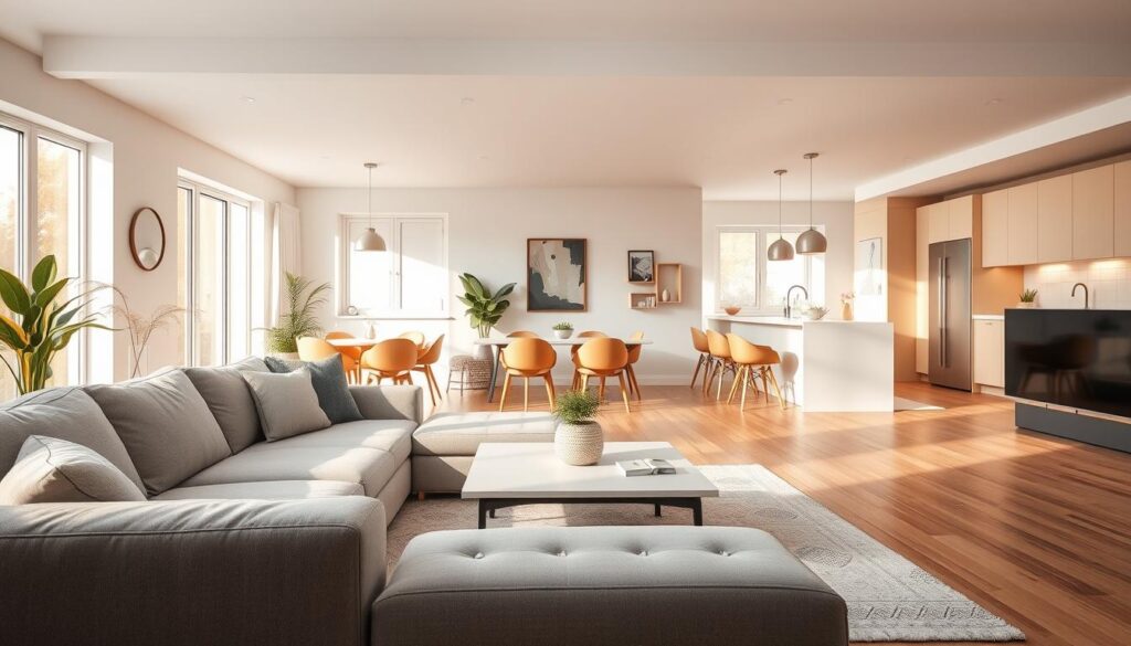 A spacious, open-concept living area beautifully arranged with modern furniture, showcasing harmonious color palettes and textures. In the foreground, a plush sectional sofa in soft gray faces a sleek, minimalist coffee table adorned with a small decorative plant. In the middle ground, an elegant dining set with wooden chairs complements a light, airy kitchen space featuring polished countertops and ambient lighting. The background reveals large windows allowing warm sunlight to pour in, creating a cozy atmosphere. The image is captured with a DSLR camera, emphasizing clear details and depth, aiming for a balanced and inviting design that embodies the essence of open living concepts. The overall mood is serene and stylish, perfect for illustrating innovative furniture arrangements.