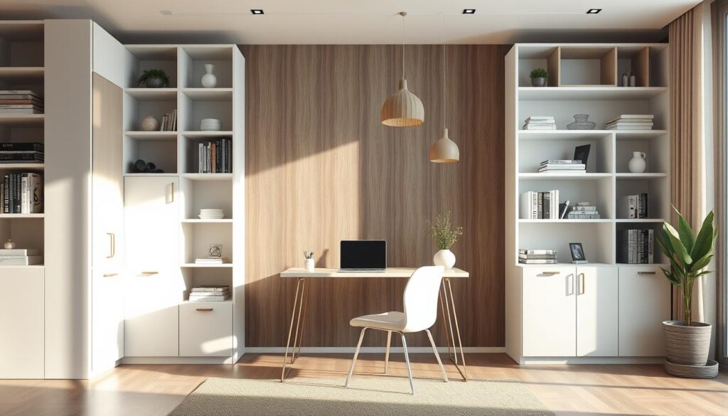 A stylish and modern modular shelving system designed for a cozy living room and home office environment. The foreground features sleek, white modular units with open shelving displaying decorative items and books, arranged creatively to highlight versatility. In the middle ground, an elegant desk with a minimalistic design sits against the shelving, adorned with a laptop and potted plant, embodying functionality. The background showcases a warm, inviting atmosphere with soft natural light filtering through large windows, casting gentle shadows. Shot with a DSLR camera, focus on the intricate details of the materials and textures. The mood is contemporary and sophisticated, ideal for inspiring flexible design ideas.
