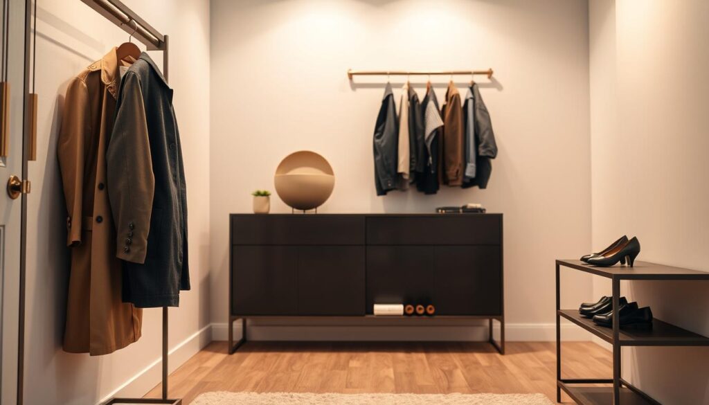 A stylish and modern wardrobe area showcasing aesthetic solutions for jackets, shoes, and accessories. In the foreground, a neatly organized coat rack with a variety of jackets, including a trench coat and a leather jacket, displayed elegantly. To the side, a pair of fashionable shoes are placed on a sleek shoe rack. The middle ground features a minimalist console table adorned with accessories like a decorative bowl and a small potted plant, enhancing the overall aesthetic. The background reveals a softly lit space with ambient lighting, creating a warm atmosphere. The scene is captured from a low angle, using a DSLR camera to highlight the textures and details. The overall mood is inviting and sophisticated, perfect for a contemporary home. A stylish and modern wardrobe area showcasing aesthetic solutions for jackets, shoes, and accessories. In the foreground, a neatly organized coat rack with a variety of jackets, including a trench coat and a leather jacket, displayed elegantly. To the side, a pair of fashionable shoes are placed on a sleek shoe rack. The middle ground features a minimalist console table adorned with accessories like a decorative bowl and a small potted plant, enhancing the overall aesthetic. The background reveals a softly lit space with ambient lighting, creating a warm atmosphere. The scene is captured from a low angle, using a DSLR camera to highlight the textures and details. The overall mood is inviting and sophisticated, perfect for a contemporary home.