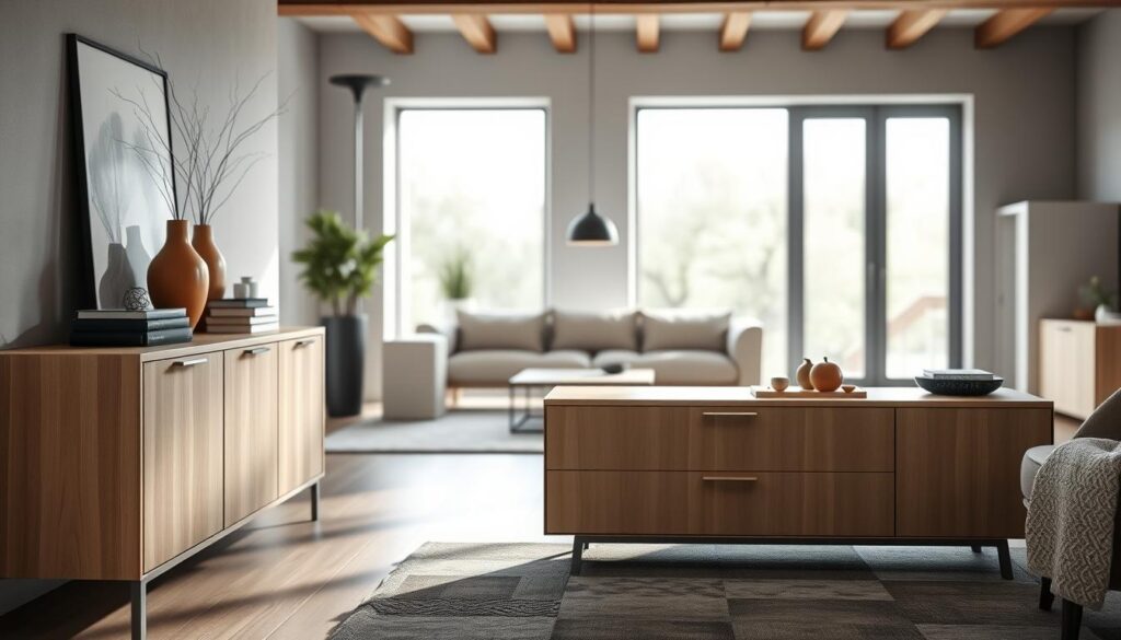 A stylish interior scene featuring a modern sideboard and chest of drawers, designed with clean lines and a minimalist aesthetic. The foreground showcases the sideboard made of light oak wood, adorned with decorative accents like a vase and books. The middle layer focuses on the chest of drawers in a sleek, matte finish, harmonizing with its surroundings. In the background, soft-focus elements like a comfortable sofa and a large window letting in natural light add warmth to the setting. The photo is taken with a DSLR camera, capturing a bright, inviting atmosphere with a balanced depth of field. The overall mood should convey sophistication and practicality, highlighting innovative storage solutions in contemporary design.