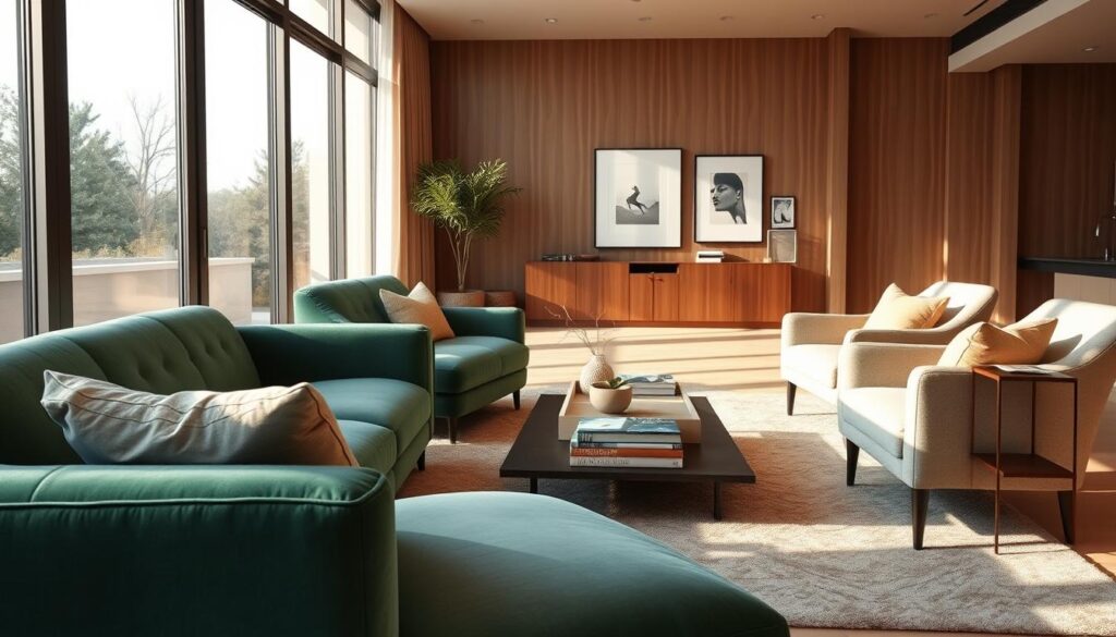 A stylish living room featuring elegant loungesessel and armchairs in a luxurious, modern design. The foreground showcases a plush, oversized loungesessel in a rich emerald green velvet, with a geometric patterned armchair in soft beige nearby. The middle ground includes a sleek, minimalist coffee table adorned with art books and a small, artistically arranged potted plant. The background features large windows allowing natural light to filter in, casting gentle shadows across the soft, neutral-toned area rug. The atmosphere is warm and inviting, perfect for relaxation. Captured with a DSLR camera, using a wide-angle lens to emphasize depth, the image is richly detailed, showcasing textures and colors that reflect contemporary elegance.