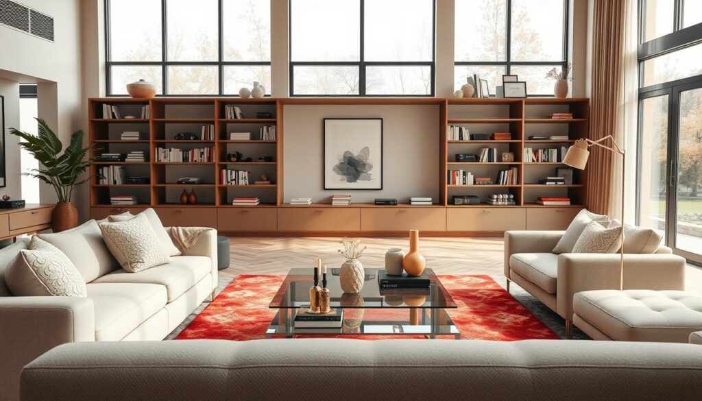 A stylish modern living room featuring a harmonious blend of contemporary furniture and decorative elements. In the foreground, a plush, light-colored sofa with textured cushions is accented by a sleek glass coffee table adorned with elegant decor items. In the middle, a vibrant area rug anchors the space, surrounded by minimalist bookshelves filled with curated books and stylish accessories. The background showcases large windows allowing natural light to flood the room, highlighting the clean lines and aesthetic of the design. Soft pastel hues dominate the palette, creating a warm and inviting atmosphere. The scene is captured in a soft focus from a low angle, evoking a sense of spaciousness and modern sophistication, resembling a high-end magazine spread.