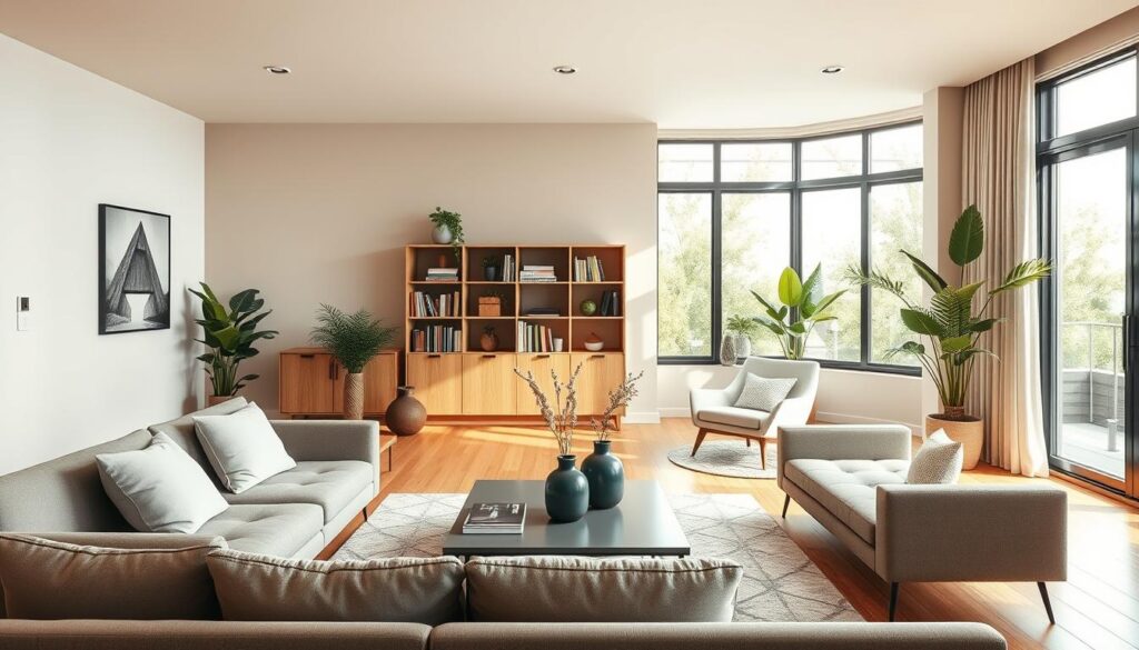 A stylish, modern living room interior showcasing an inspiring living example. In the foreground, a sleek sofa with soft cushions and a trendy coffee table adorned with a contemporary vase. The middle ground features a cozy reading nook with a stylish armchair and a small bookshelf filled with art books. Large windows in the background allow natural light to flood in, highlighting the warm tones of the wooden flooring and neutral wall colors. Decorative indoor plants add a touch of greenery, enhancing the inviting atmosphere. Shot with a DSLR camera at an angle that captures the depth of the room, with soft diffused lighting creating a peaceful, serene mood perfect for modern living inspiration.