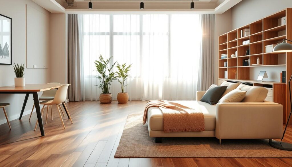 A stylish, modern living space showcasing multifunctional furniture designed for small areas. In the foreground, a sleek, convertible sofa that transforms into a bed, with a decorative throw and cushions. To the left, a compact dining table that folds into a wall, enhanced by minimalist chairs that can be easily stored. In the middle ground, a bright, airy room bathed in soft natural light filtering through large windows, emphasizing the clever use of space. A potted plant adds a touch of greenery. The background features a stylish bookshelf that doubles as a workspace, maintaining a clean, organized aesthetic. The scene conveys a sense of elegance and practicality, captured with a DSLR camera to focus on intricate details and textures, using a warm color palette for an inviting atmosphere.