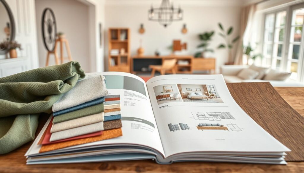 A visually captivating moodboard showcasing an array of harmonious color swatches, textures, and materials for interior design. In the foreground, a well-organized spread features a variety of fabric samples like velvet, linen, and wood textures, along with color palettes that include muted greens, soft blues, and warm neutrals. The middle layer presents elegant sketches of room layouts and furniture pieces, seamlessly blending aesthetics. In the background, a softly blurred interior scene highlights a cozy living space bathed in natural light, allowing the moodboard to reflect its purpose in supporting design decisions. The composition captures a creative, inspiring atmosphere, shot with a DSLR camera, emphasizing rich detail and vibrant colors. The overall mood is inviting and professional, perfect for encouraging interior design creativity. A visually captivating moodboard showcasing an array of harmonious color swatches, textures, and materials for interior design. In the foreground, a well-organized spread features a variety of fabric samples like velvet, linen, and wood textures, along with color palettes that include muted greens, soft blues, and warm neutrals. The middle layer presents elegant sketches of room layouts and furniture pieces, seamlessly blending aesthetics. In the background, a softly blurred interior scene highlights a cozy living space bathed in natural light, allowing the moodboard to reflect its purpose in supporting design decisions. The composition captures a creative, inspiring atmosphere, shot with a DSLR camera, emphasizing rich detail and vibrant colors. The overall mood is inviting and professional, perfect for encouraging interior design creativity.