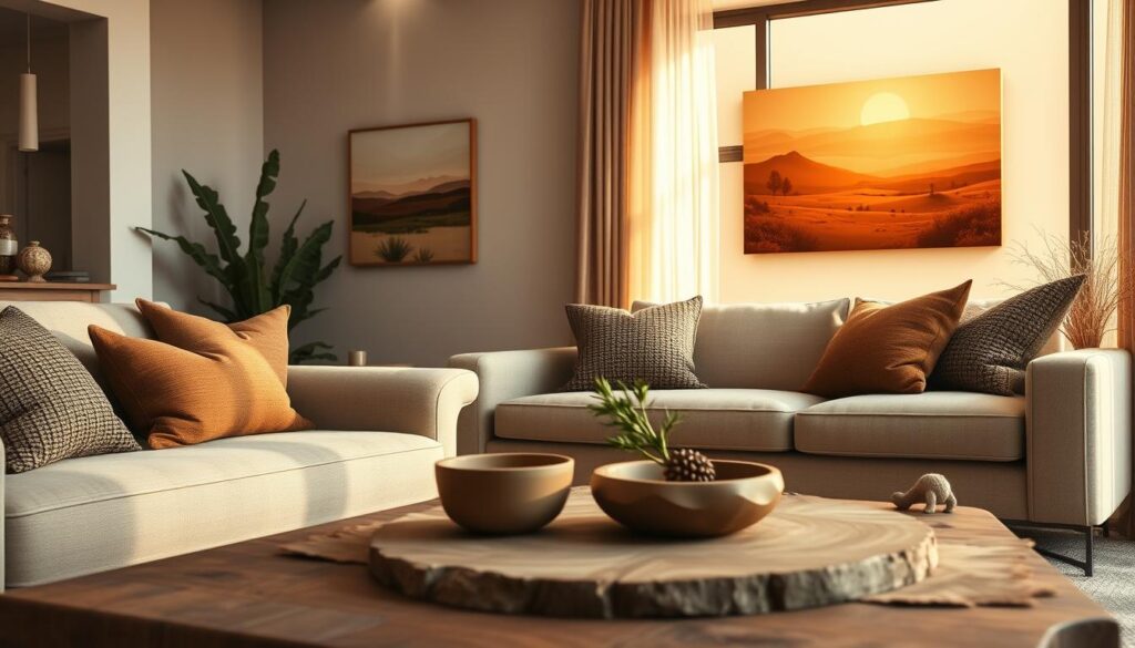 A warm and inviting interior space showcasing a harmonious combination of earth tones. In the foreground, a stylish living room featuring a soft, beige sofa adorned with textured brown cushions. A rustic wooden coffee table displays a small potted plant and a few artfully arranged natural elements. The middle section reveals an expansive, sunlit window with sheer curtains, allowing warm sunlight to wash over the room, enhancing the earthy palette. In the background, a subtle landscape painting with warm ochre and terracotta hues complements the decor. The entire scene is shot in a soft-focus DSLR perspective to create a cozy, photorealistic atmosphere that embodies a peaceful and welcoming living space, evoking a sense of comfort and tranquility. A warm and inviting interior space showcasing a harmonious combination of earth tones. In the foreground, a stylish living room featuring a soft, beige sofa adorned with textured brown cushions. A rustic wooden coffee table displays a small potted plant and a few artfully arranged natural elements. The middle section reveals an expansive, sunlit window with sheer curtains, allowing warm sunlight to wash over the room, enhancing the earthy palette. In the background, a subtle landscape painting with warm ochre and terracotta hues complements the decor. The entire scene is shot in a soft-focus DSLR perspective to create a cozy, photorealistic atmosphere that embodies a peaceful and welcoming living space, evoking a sense of comfort and tranquility.