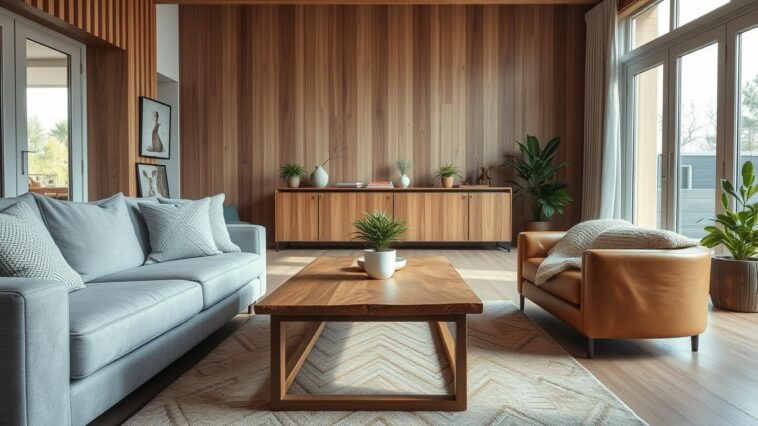 Materialmix im Wohnzimmer: harmonische Kombination verschiedener Oberflächen