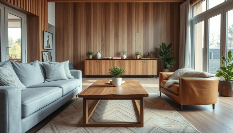 Materialmix im Wohnzimmer: harmonische Kombination verschiedener Oberflächen