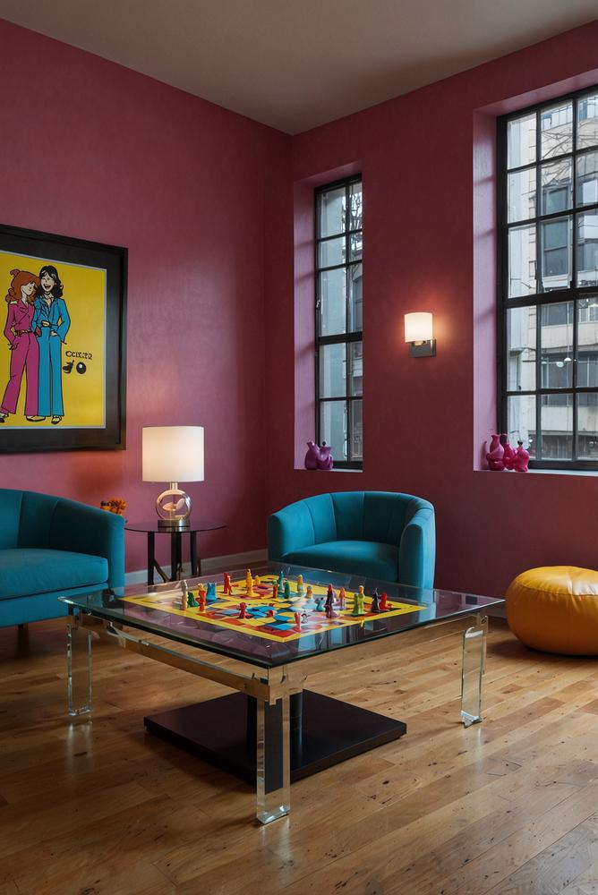 Helles 80er-Jahre Partyzimmer mit Neon und Disco-Kugel