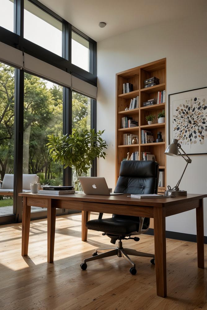 Helles Homeoffice mit Akustik-Paneelen hinter Schreibtisch