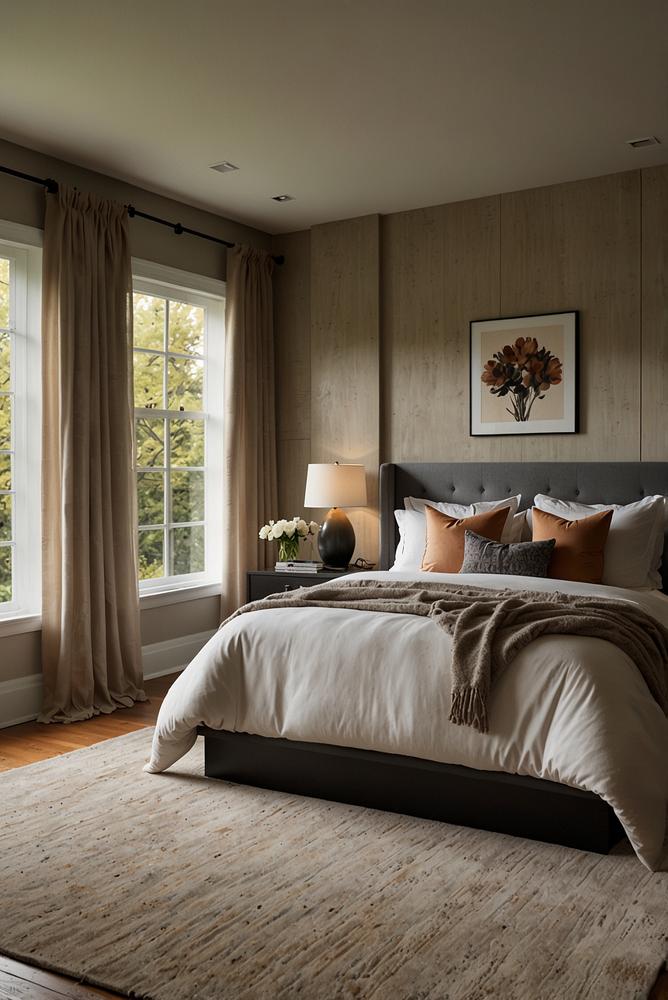 Hell eingerichtetes schallgeschuetztes Schlafzimmer mit Teppich