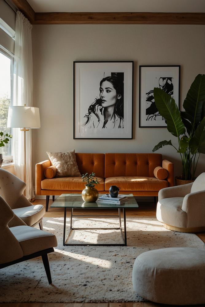 Wohnzimmer mit heller Akzentwand und modernen Kunstwerken