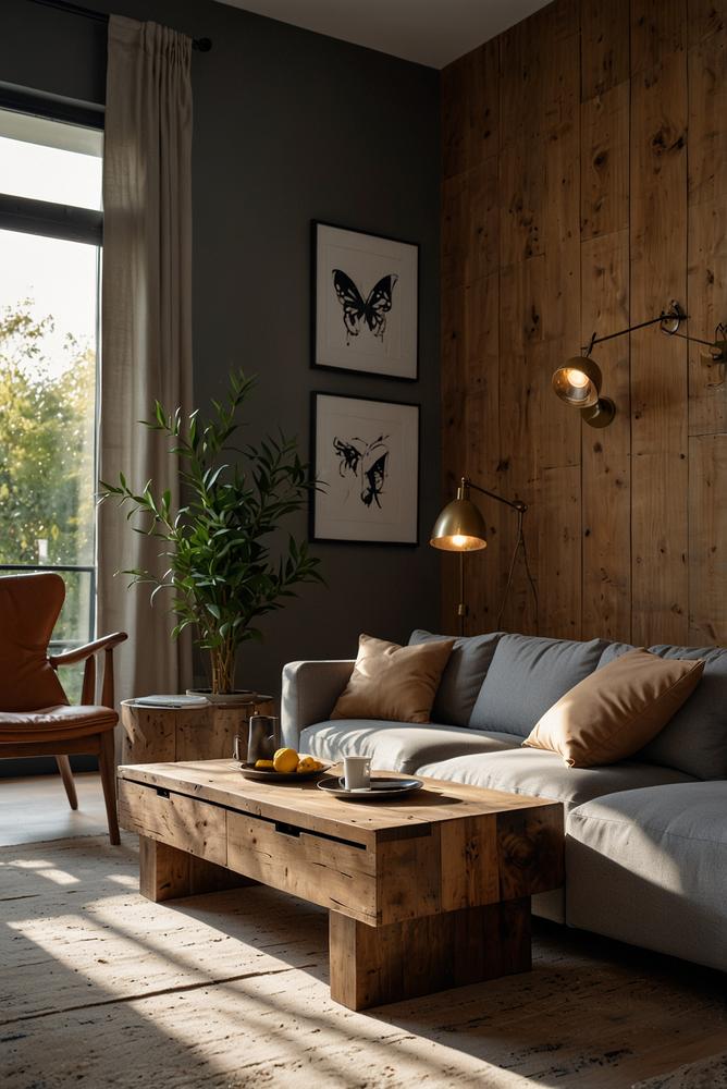 Helle moderne Wohnzimmereinrichtung mit alten Holzmöbeln