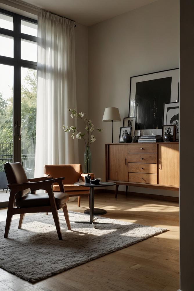 Hell beleuchteter Raum mit modernem Stil und altmodischem Schrank