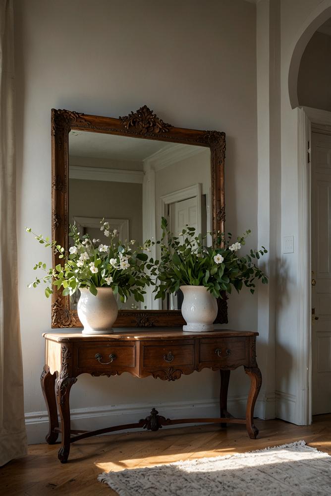 Antiker Spiegel im hellen Eingangsbereich zur Raumvergroesserung