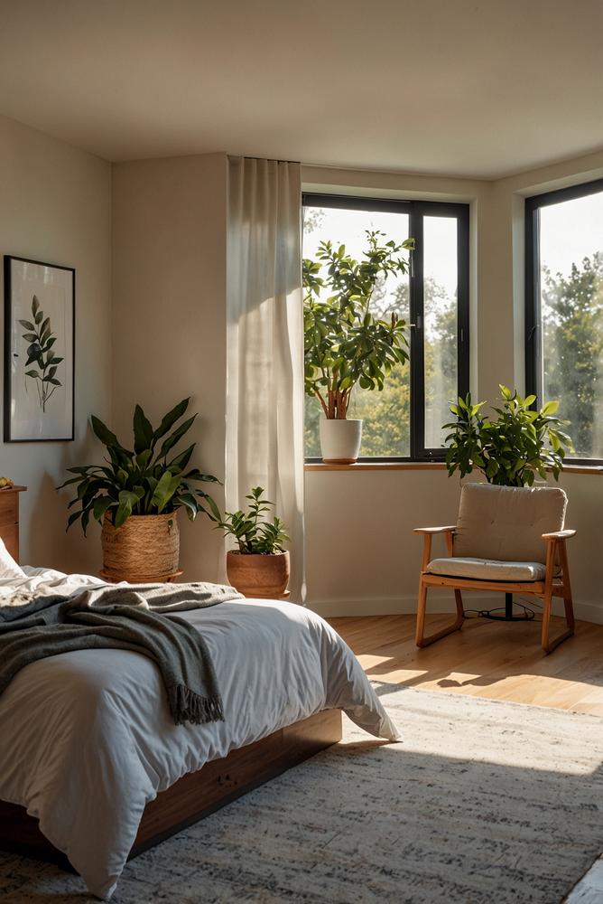 Heller, lichtdurchfluteter Schlafzimmerecke mit Duft-Diffuser