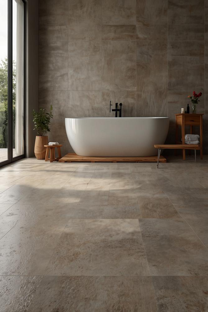 Helles Badezimmer mit großen rutschfesten Fliesen und Fußbodenheizung