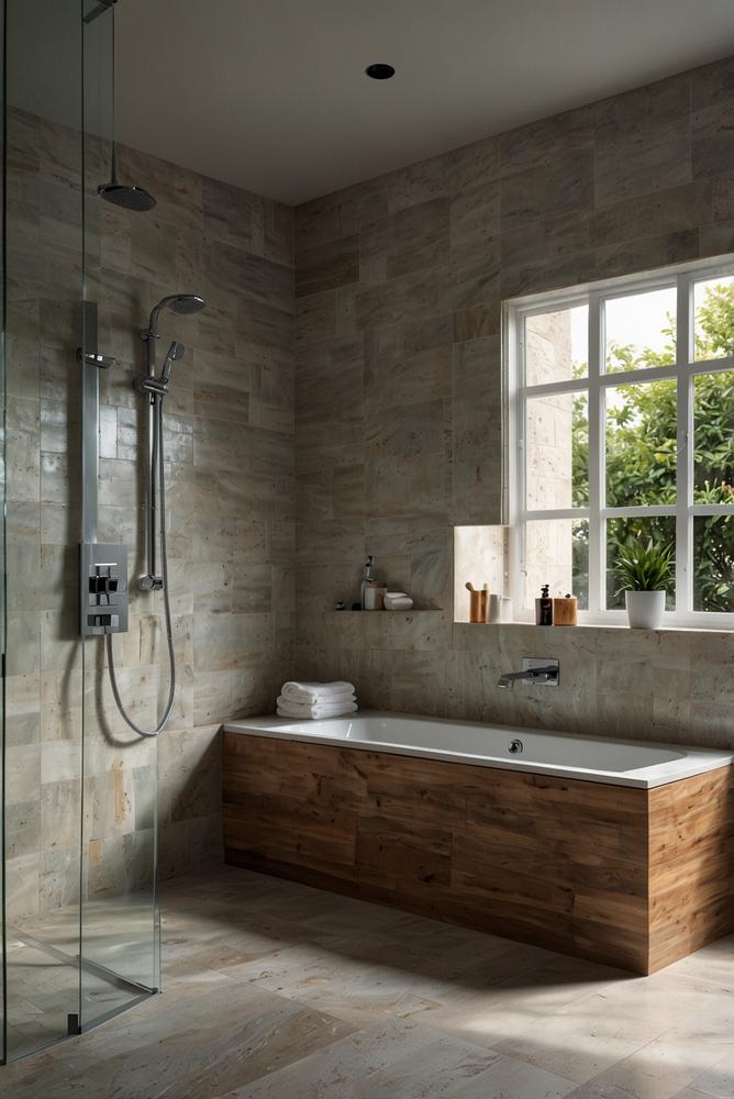 Helles Badezimmer mit großen Fliesen und nahtloser Dusche