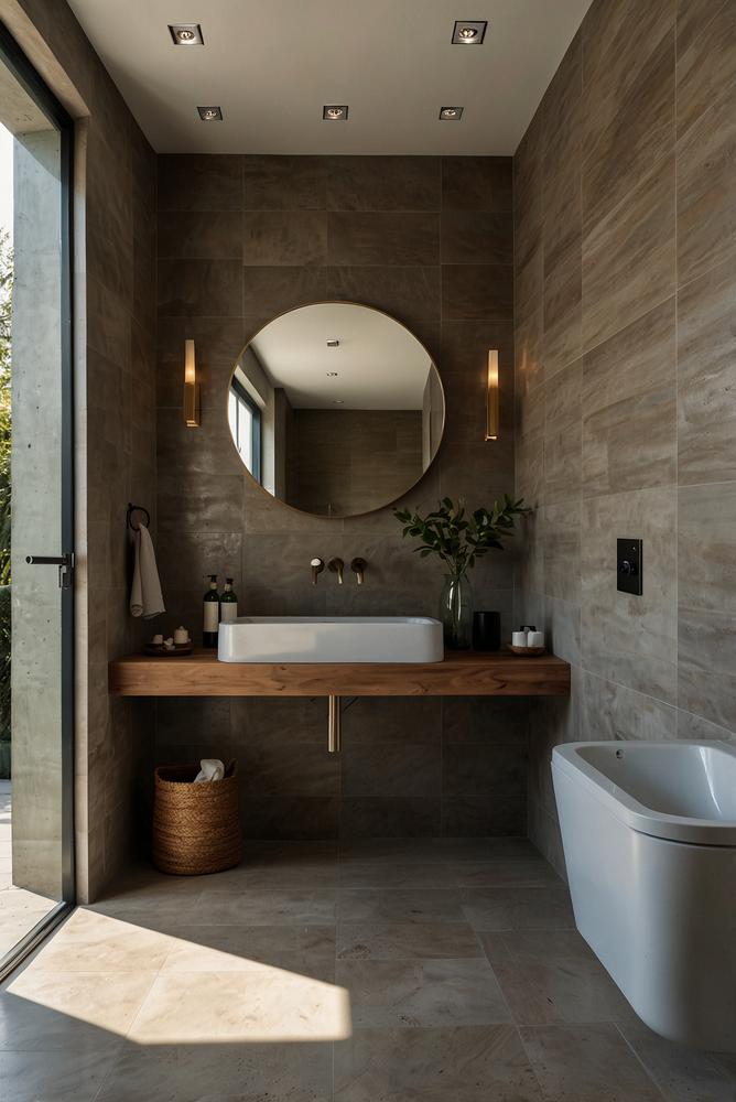 Helles Badezimmer mit großen Fliesen und moderner Einrichtung