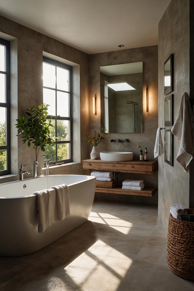 Helles Badezimmer mit frischen Handtüchern und Deko-Accessoires