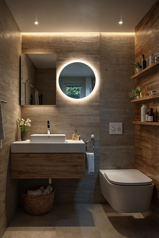 Modernes kleines Bad mit warmem Licht und LED-Spiegelleuchte