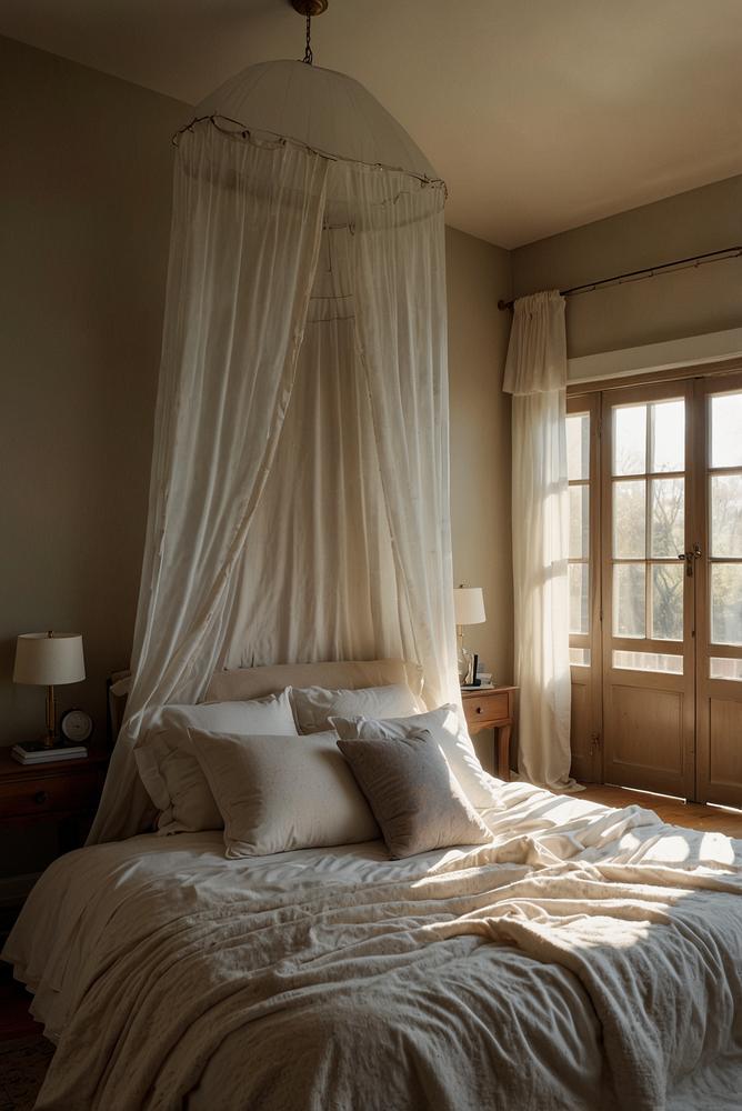 Schlafzimmer mit hellem Baldachin und Bettvorhang