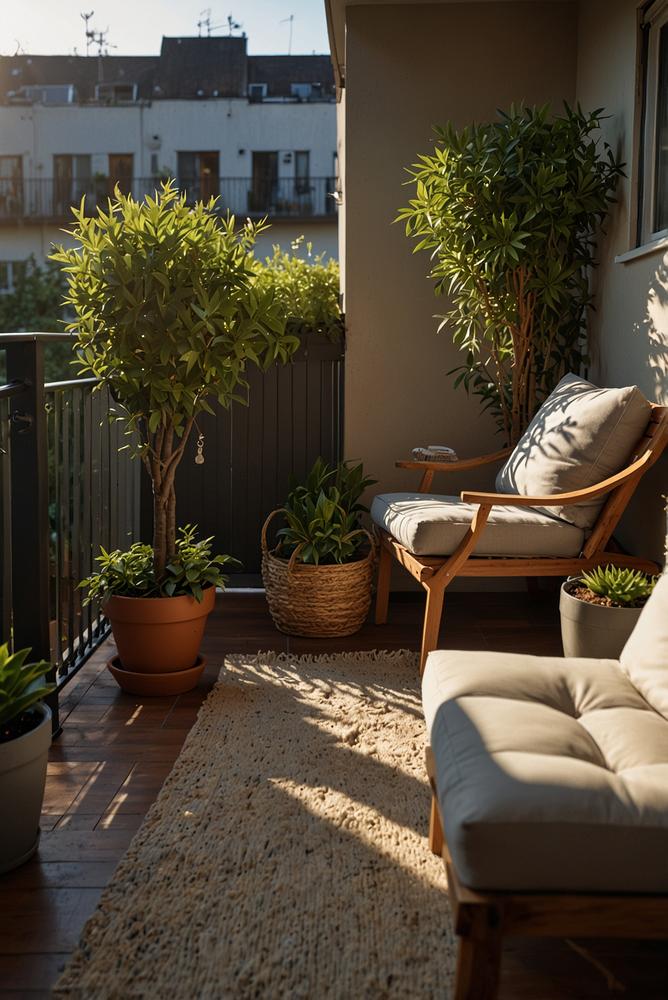 Gemütlicher Balkon mit Sichtschutz und Sitzbereich, hell und lichtdurchflutet