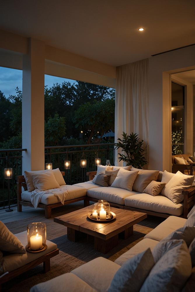 Gemütliches Balkon-Kino mit Projektor und Kissen