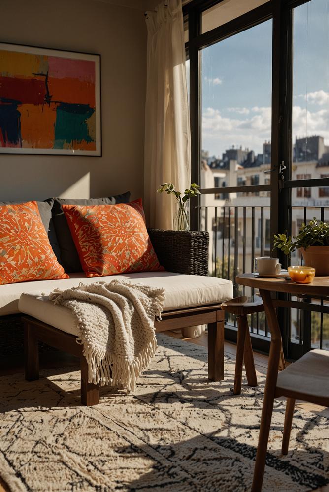 Heller Balkon mit Outdoor-Teppich und wetterfesten Textilien