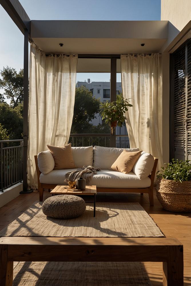 Heller Balkon mit Segel und Laternen atmosphaerisch