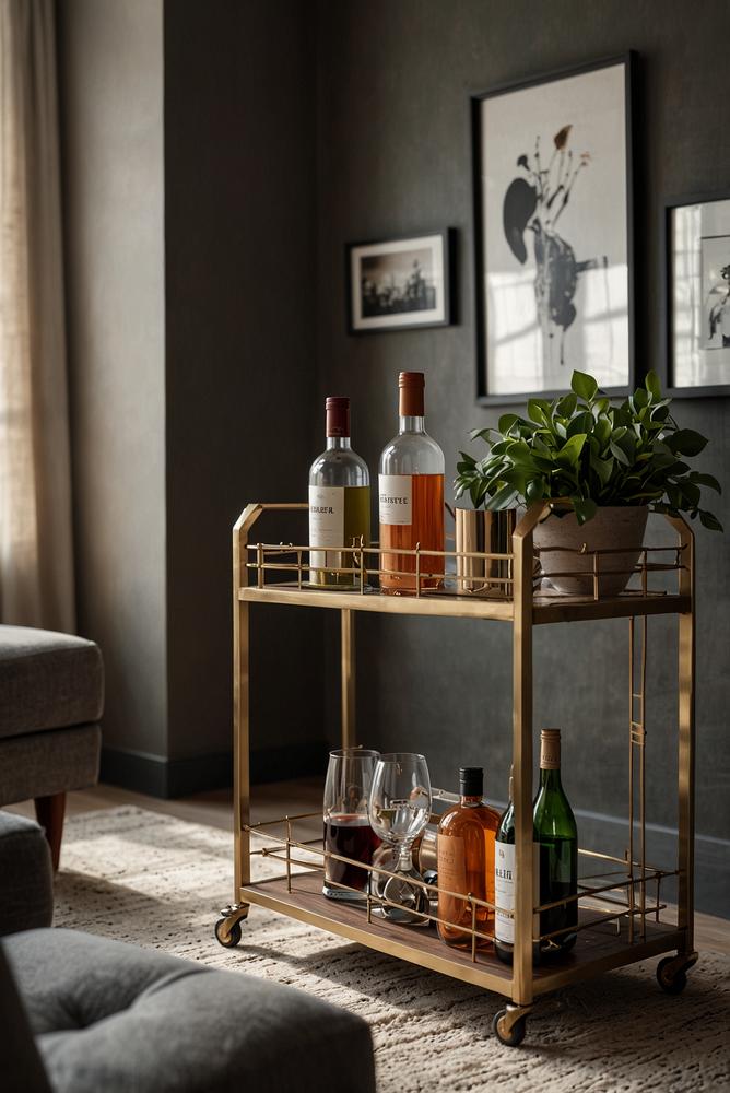 Moderner Barwagen aus Metall und Holz mit Dekoration