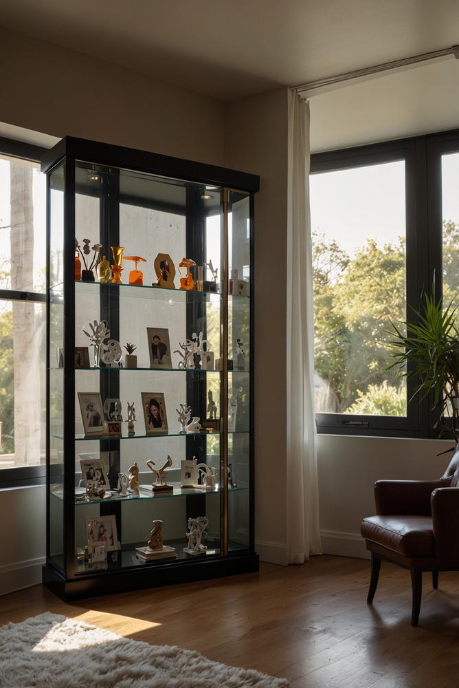 Beleuchtete Vitrine mit persönlichen Andenken in hellem Raum