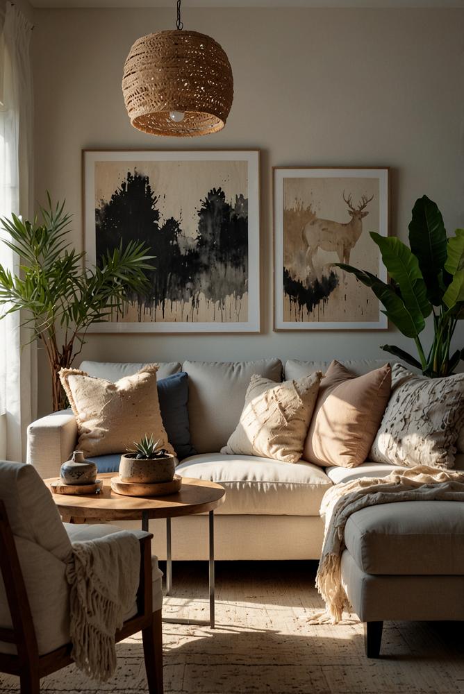 Helles, einladendes Wohnzimmer mit passender Beleuchtung und Accessoires