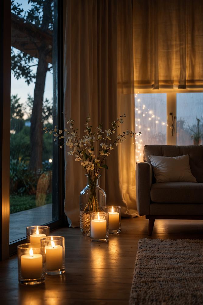 Beleuchtung in Vasen und Gläsern als gemütliche Wohnzimmerecke