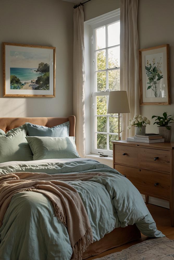 Helles Schlafzimmer mit beruhigender Farbgestaltung
