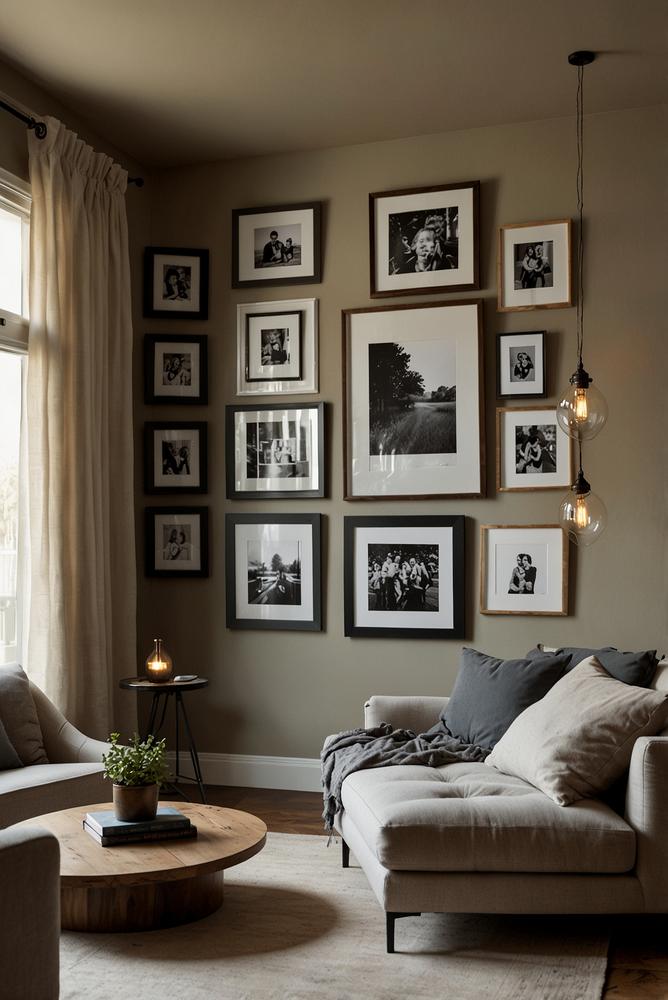 Helle Bilderwand mit persönlichen Fotos und Rahmen