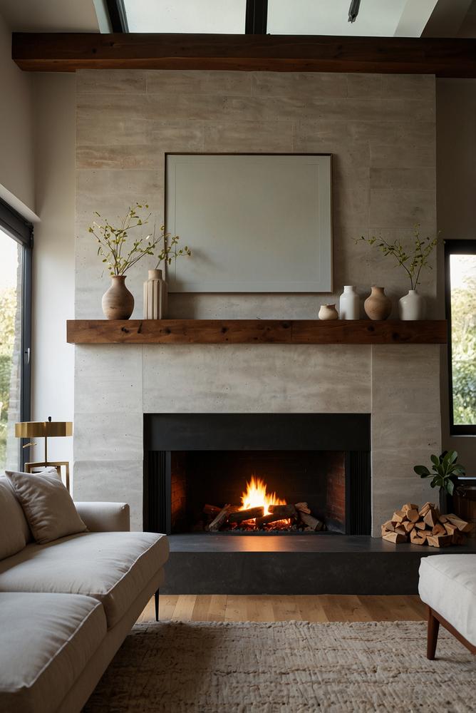 Bodenbeleuchtung am Kamin im warmen Wohnzimmer