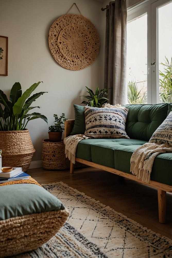 Boho Wohnzimmer hell mit vielen Pflanzen und Textilien