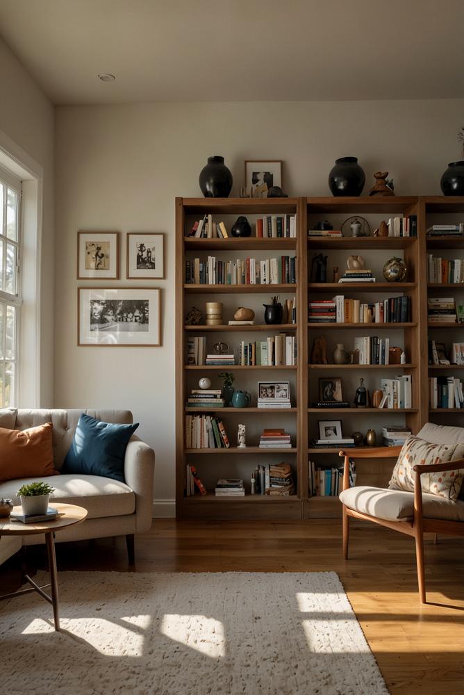 Hell erleuchtetes Bücherregal als persönliche Galerie